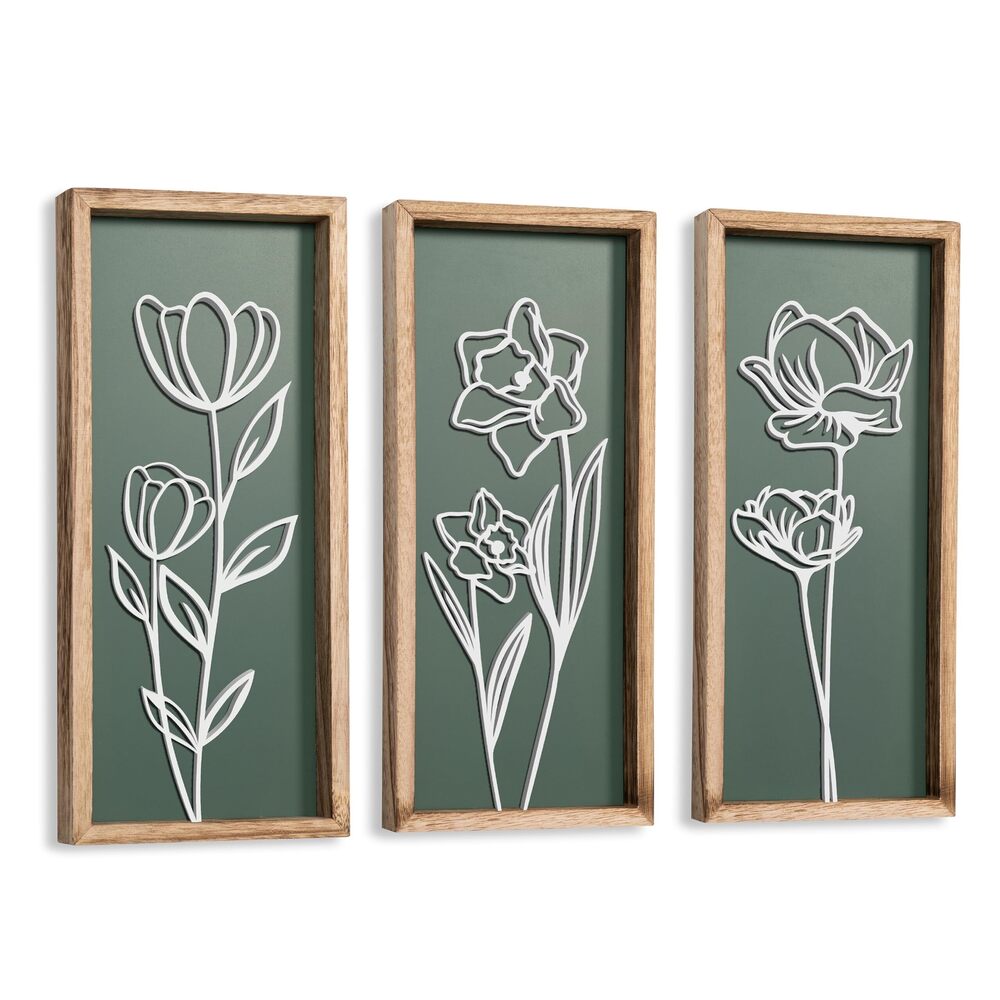 6202 3D Floral Green Wall Art Set of 3 Lightweight, Wooden Ready-to-Hang